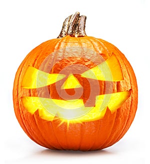 Carved pumpkin for Halloween jack-o'-lanterns with scary smiles and burning candle inside isolated on white background