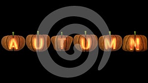 Carved Pumpkin Letters with candle the word autumn