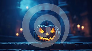 Carved pumpkin with an orange glowing face, sitting on ground in front of some steps. It is positioned near wall or
