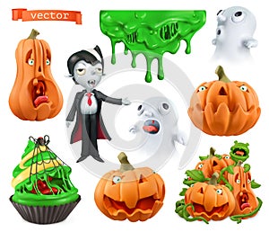 Carved pumpkins, cupcake, sticky drips, ghosts, vampire. Characters and objects 3d vector set