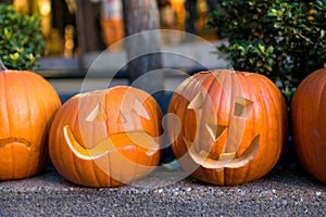 Carved pumpkins on a street curb.