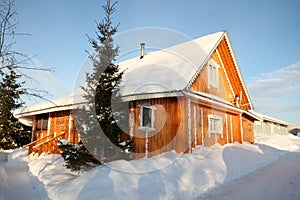 Carved Russian house in winter