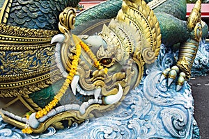 Carved sculpture art animal of himmapan and creatures mythical legend for thai people travelers travel visit respect praying holy