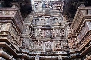 Carved sculptures of khajuraho temple of India