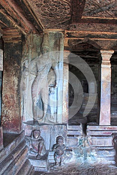 Carved Shiva figures in mantapa, Ravanaphadi rock-cut temple, Aihole, Bagalkot, Karnataka. Shiva linga in the sanctum is also seen