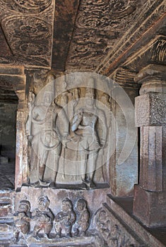 Carved Shiva figures in mantapa, Ravanaphadi rock-cut temple, Aihole, Bagalkot, Karnataka. Shiva linga in the sanctum is also seen