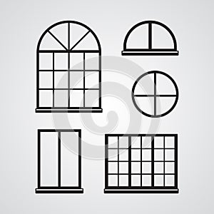 Carved silhouette flat icon, simple vector design. Set of classic glass windows for illustration of part of house, facade, decor