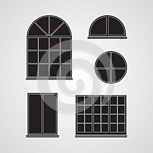 Carved silhouette flat icon, simple vector design. Set of classic glass windows for illustration of part of house, facade, decor