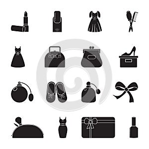 Carved silhouette flat icon, simple vector design. Set of icons on female theme. Lipstick, dress, women`s handbag, shoes, perfume,