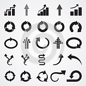 Carved silhouette flat icon, simple vector design. Set of various arrows for illustration of time, round, dynamic, consistency, u