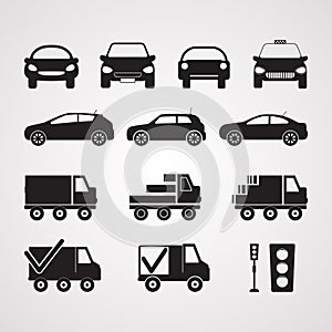 Carved silhouette flat icons, vector. Set of different cars in p