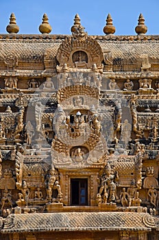 Carved stone Gopuram and entrance gate of the Brihadishvara Temple, Thanjavur, Tamil Nadu, India
