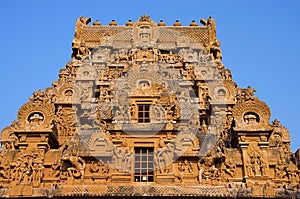 Carved stone Gopuram of the Brihadishvara Temple, Thanjavur, Tamil Nadu, India