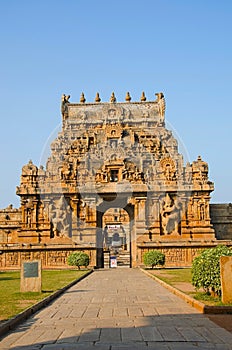 Carved Stone Gopuram and entrance gate of the Brihadishvara Temple, Thanjavur, Tamil Nadu, India.