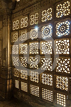 Carved stone grilles pattern at Sarkhej Roza mosque in Ahmedabad