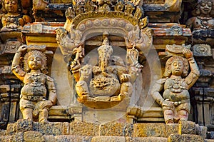 Carved stone idol of Lord Ganesha on the Gopuram of the Brihadishvara Temple, Thanjavur, Tamil Nadu, India