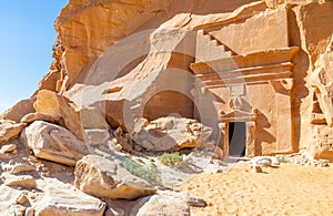 Carved in stone nabataean tomb in Jabal al Banat complex, Hegra, Al Ula, Saudi Arabia