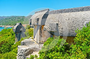 Carved stone sarcophagi, Ucagiz, Kekova, Turkey