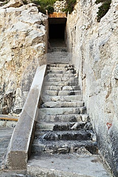 Carved stone staircase to doorway