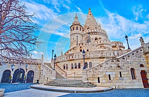 The carved stone towers of Fisherman\'s Bastion, Budapest, Hungary