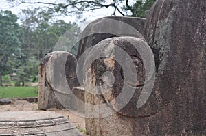 Carved stones in the Galge Archeological Site in Sri Lanka