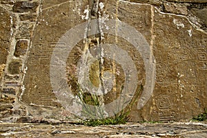 Carved stones at the ruins of Monte Alban, Mexico