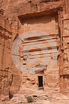 Carved tomb in the ruins of the ancient Nabatean city of Petra