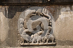 Carved wall showing a sharabha lifting elephants in its bare paws. Dakshin Kashi Mandir. Mahuli Sangam. Satara. Maharashtra