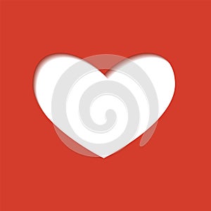 Carved white heart with an inner shadow on red background. Modern illustration. Simple object in flat style, great design for any