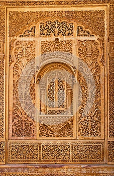 Carved window in Mandir Palace, Jaisalmer, Rajasthan, India.