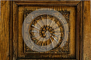 Carved wood pattern, retro element of decor. Exquisite wood carving technology