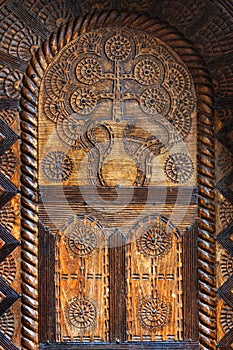 Carved wooden door of Borac Fortress and orthodox church St. Archangel Gavrilo, Borac Serbia