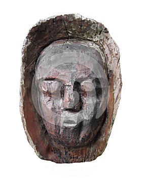 Carved wooden face isolated.