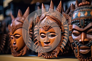 carved wooden masks with intricate details