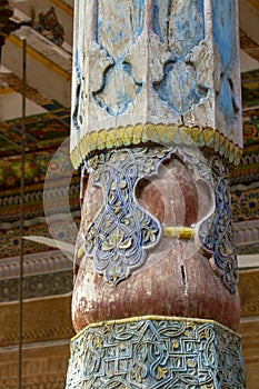 Carved wooden painted pillar at mosque, Mausolem of Apak Khoja, photo