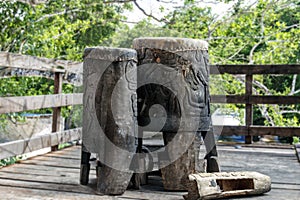 Carved wooden ritual drums of the Mayans photo