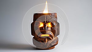 Carved wooden tiki torch with a lit flame, glowing eyes and mouth, against a gray background