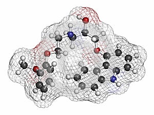 Carvedilol congestive heart failure drug molecule. Atoms are represented as spheres with conventional color coding: hydrogen (