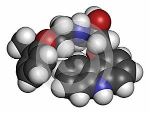 Carvedilol congestive heart failure drug molecule. Atoms are represented as spheres with conventional color coding: hydrogen (
