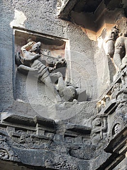 Carving depicting kidnap of Sita by Ravana, antagonist of the Ramayana, while Jatayu Vulture King tries to rescue her, Ellora