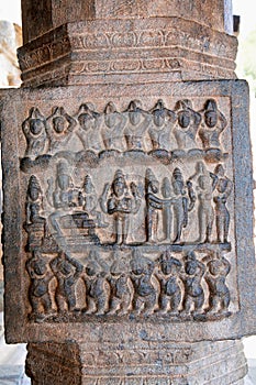 Carving depicting marriage of Kartikeya with Indra`s dughter Jayanti or Devasena, Inner pillars, agra-mandapa, Airavatesvara Temp