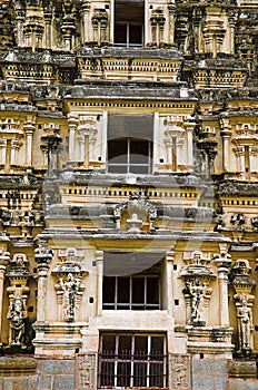 Carving details on the gopuram of Virupaksha Temple, also known as the Pampavathi temple, Hampi
