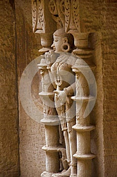 Carving details of an idol of apsara, located on the inner wall of Rani ki vav, an intricately constructed stepwell, Patan, Gujara