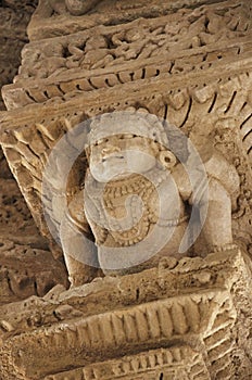 Carving details on the inner wall of the Sun Temple. Built in 1026 - 27 AD during the reign of Bhima I of the Chaulukya dynasty,