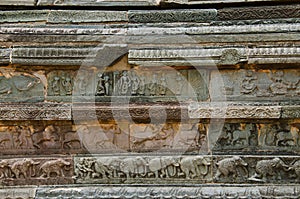 Carving details on the outer wall of Mahanavami Dibba. Hampi, Karnataka