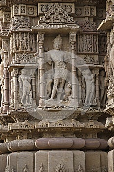 Carving details on the outer wall of the Sun Temple. Built in 1026 - 27 AD during the reign of Bhima I of the Chaulukya dynasty,