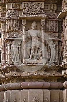 Carving details on outer wall of the Sun Temple. Built in 1026 - 27 AD during the reign of Bhima I of the Chaulukya dynasty, Modhe