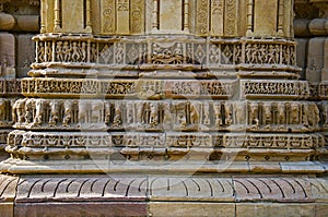 Carving details on outer wall of the Sun Temple. Built in 1026 - 27 AD during the reign of Bhima I of the Chaulukya dynasty, Modhe