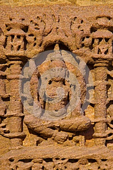 Carving details on outer wall of the Sun Temple. Built in 1026 - 27 AD during the reign of Bhima I of the Chaulukya dynasty, Modhe