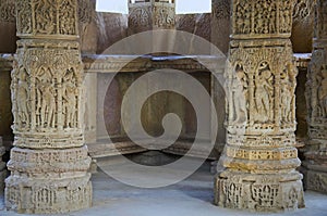 Carving details on the pillar of the Sun Temple. Built in 1026 - 27 AD during the reign of Bhima I of the Chaulukya dynasty,